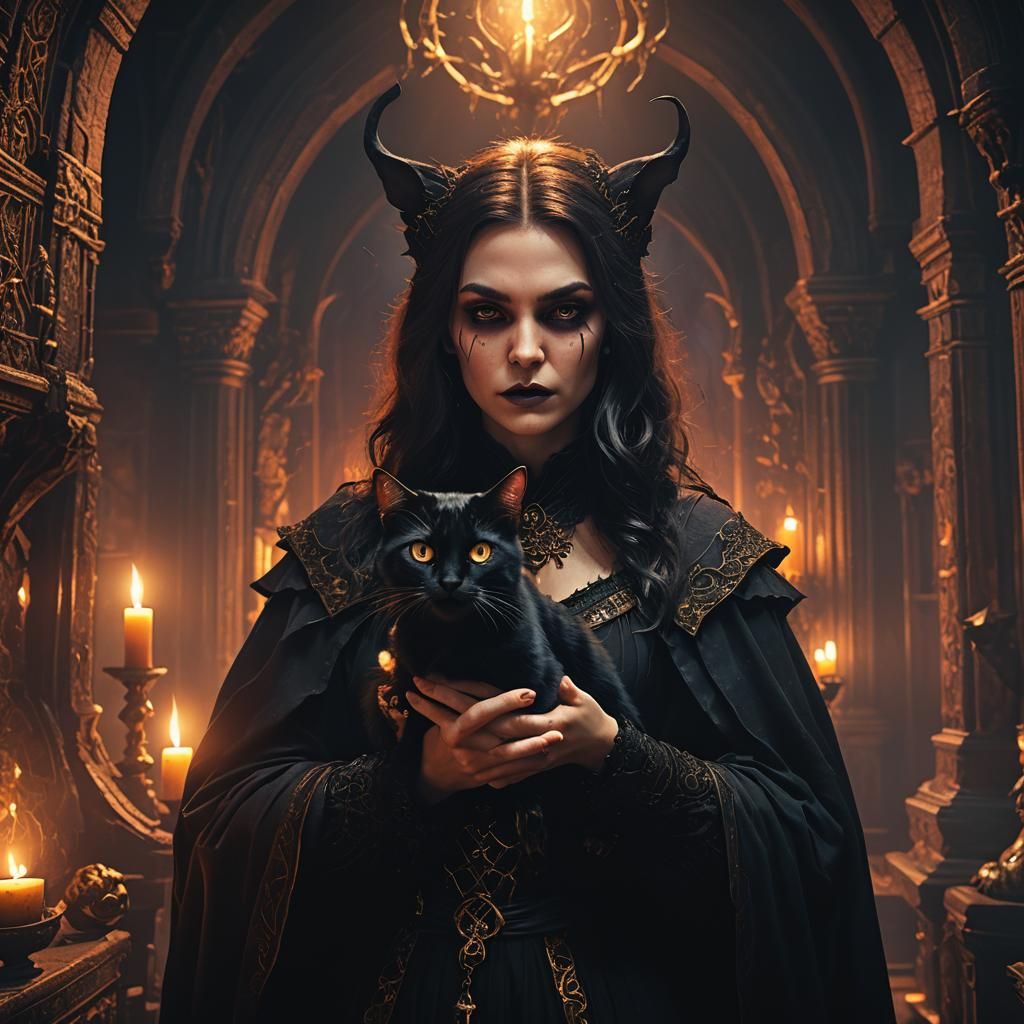 Mystical Witch and Vampire Cat in Dark Academia Style