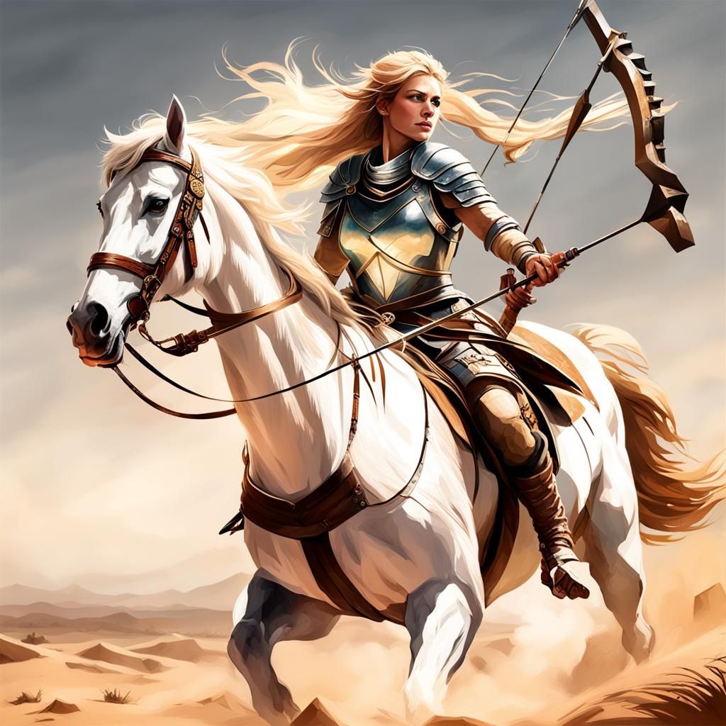 Warrior Woman on White Horse in Desert Landscape