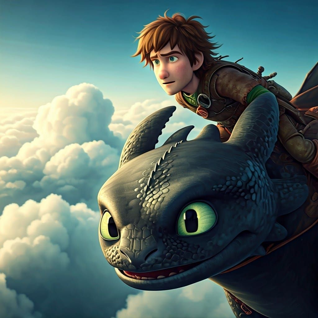 Hiccup and Toothless Soaring Through Clouds