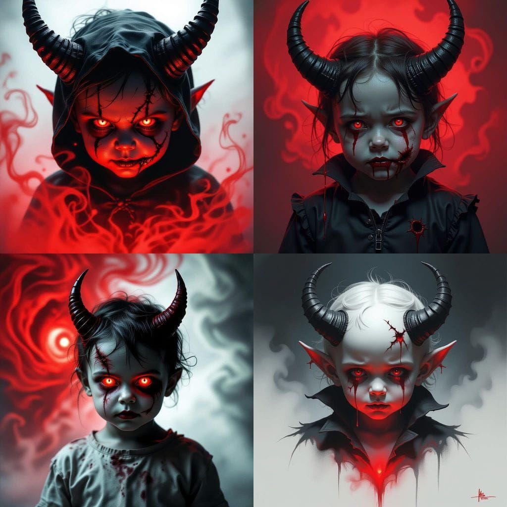 Demonic Child with Bleeding Eyes in Red Mist