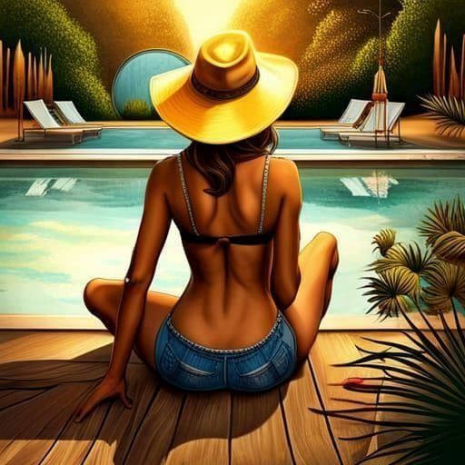 Cowgirl at the swimming-pool