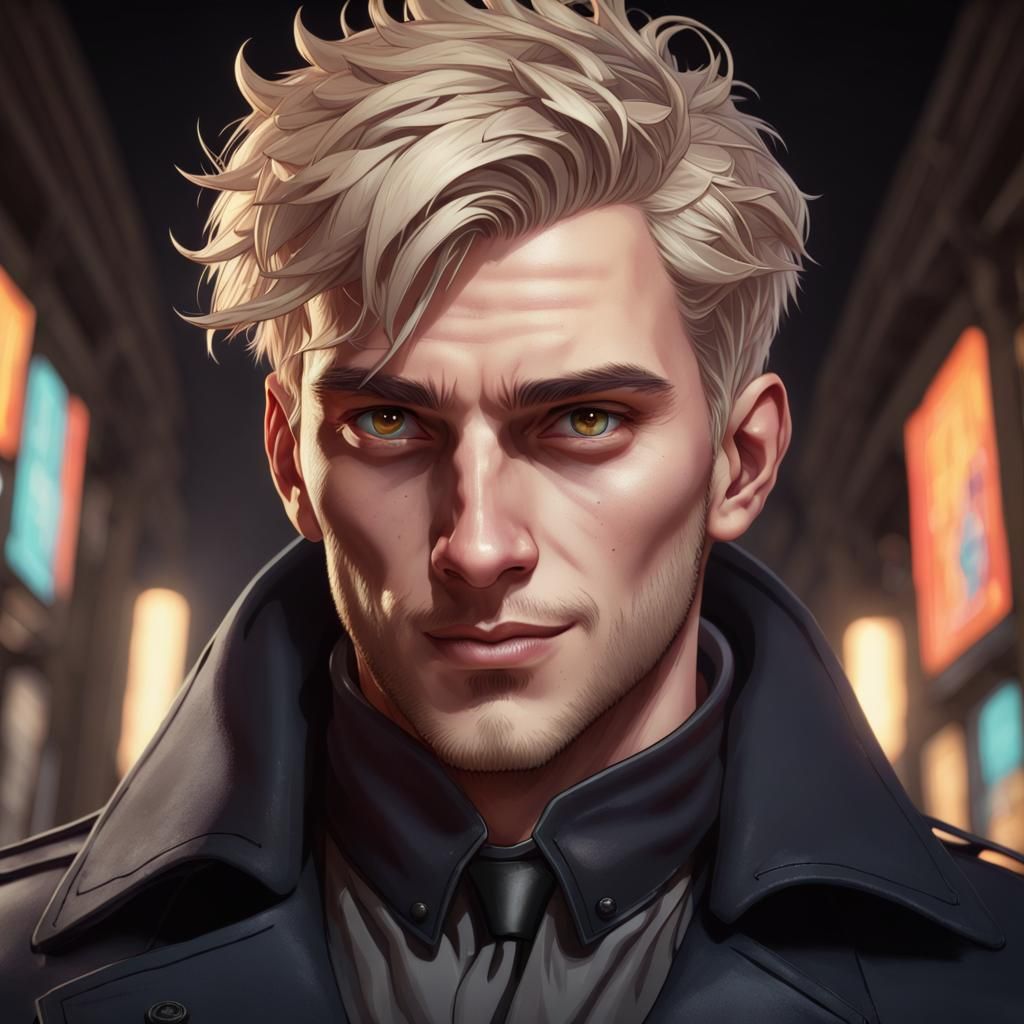 Evil Blonde Man with Bloody Coat, Hyperdetailed Portrait