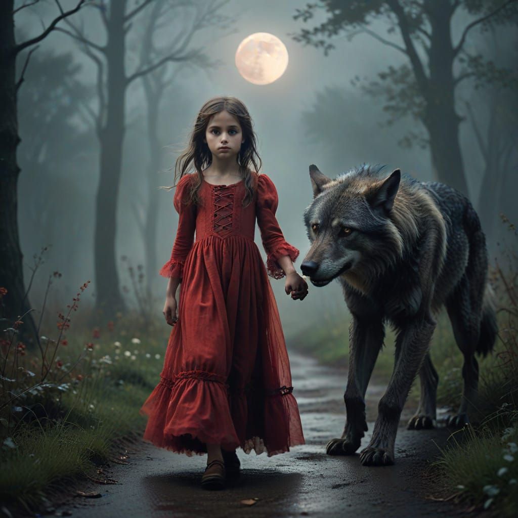 Werewolf and Young Girl Stroll Under Full Moonlight in Impre...