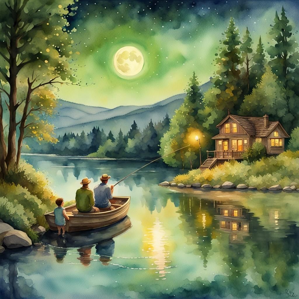 Father and Son Fishing: Storybook Watercolor Art
