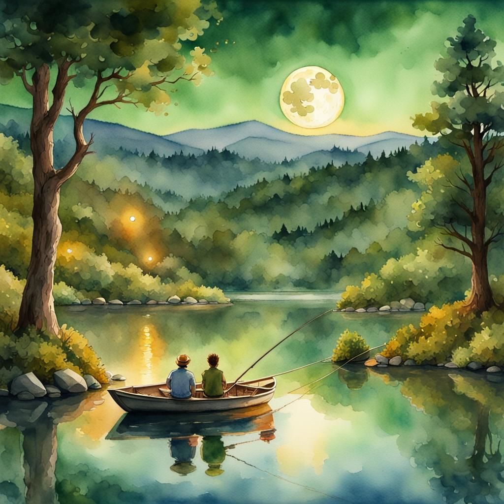 Father and Son Fishing: Watercolor Storybook Landscape