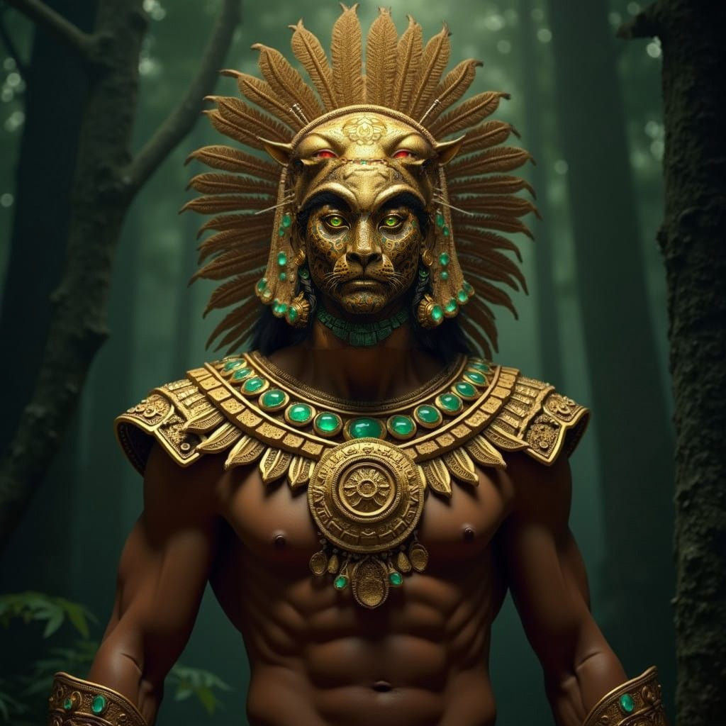 Ancient Mayan God Balam in Golden Armor and Jaguar Headgear