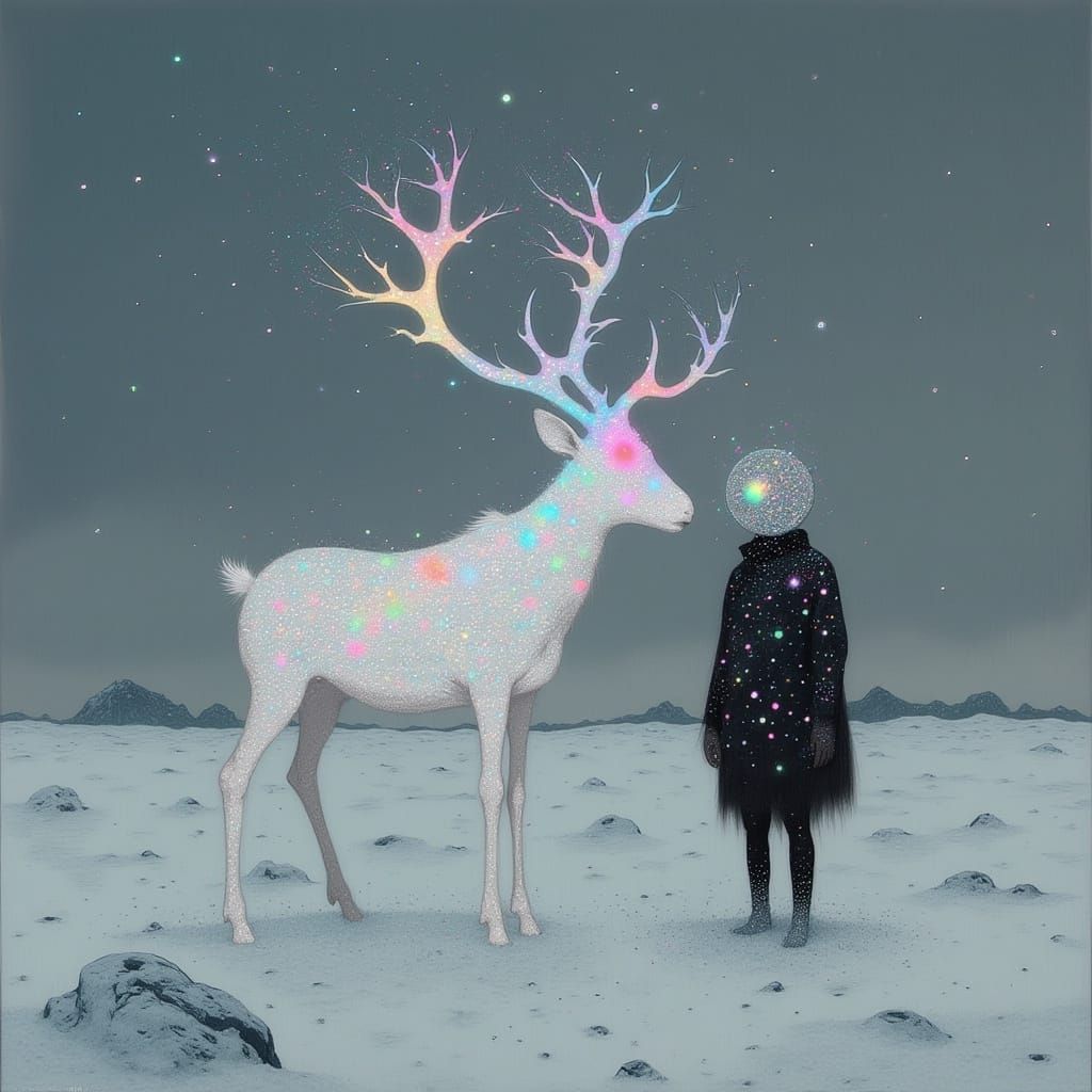 Ethereal Reindeer in Soft Focus, Swirling Lights and Snow