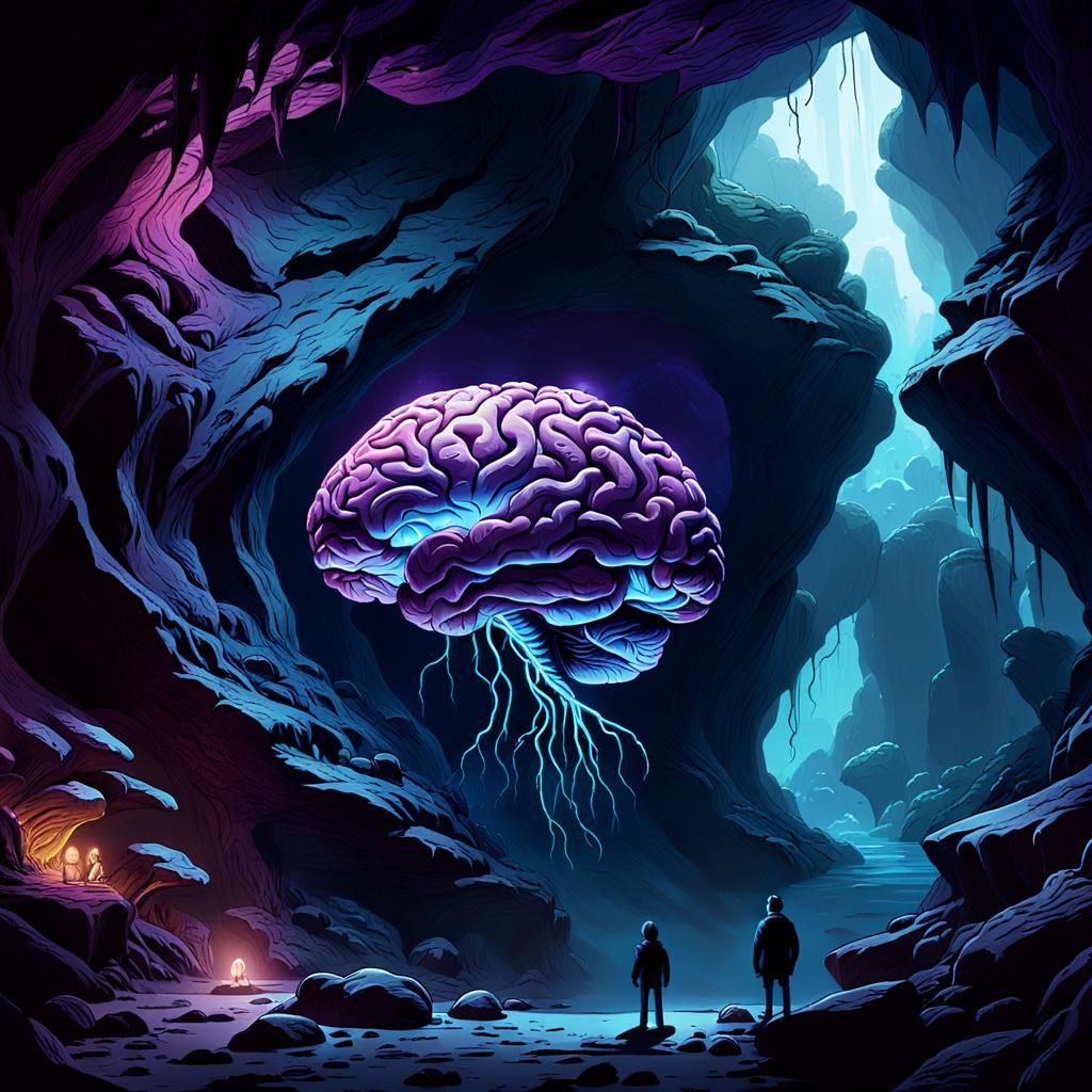 Mystical Cave: Glowing Brain Watched by Monster