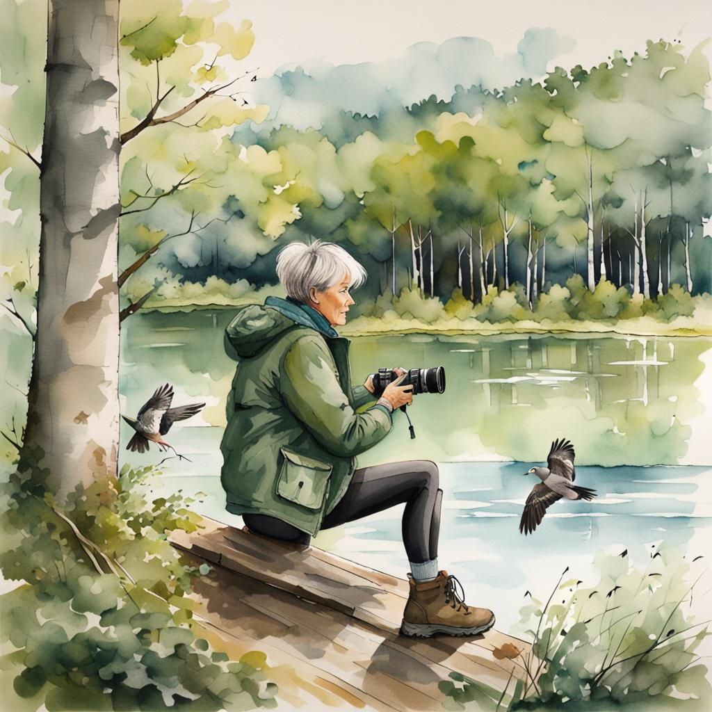 Woman in Bird Hide: Atmospheric Watercolor Painting