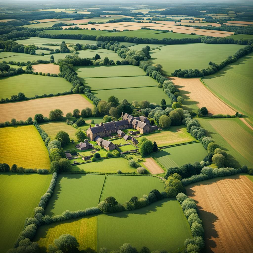 Aerial View of Summer Farm Fields, England