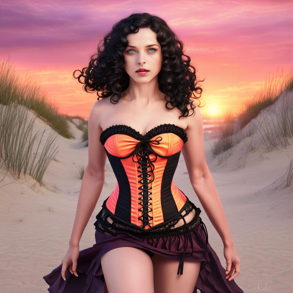 Summer Witch on Beach at Sunset, Digital Art