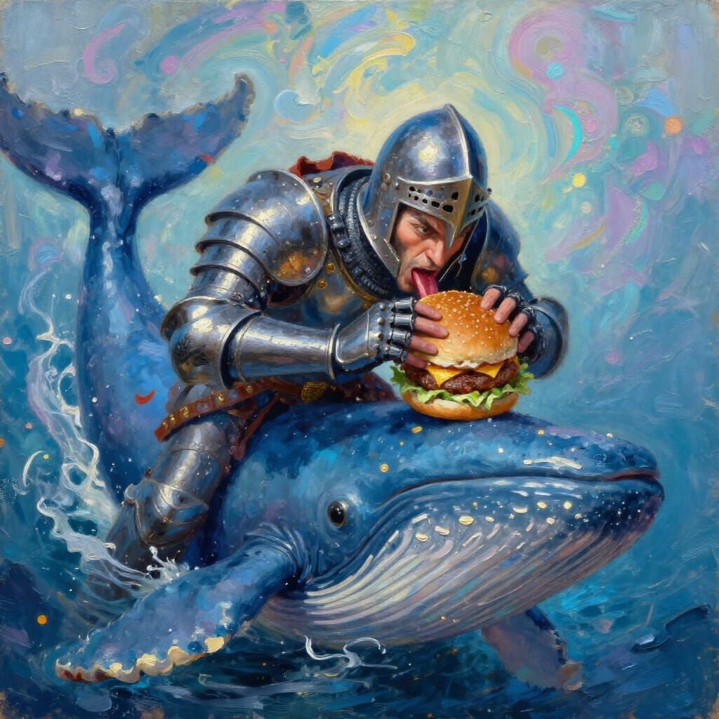 Knight Riding Whale Eating Hamburger Oil Painting