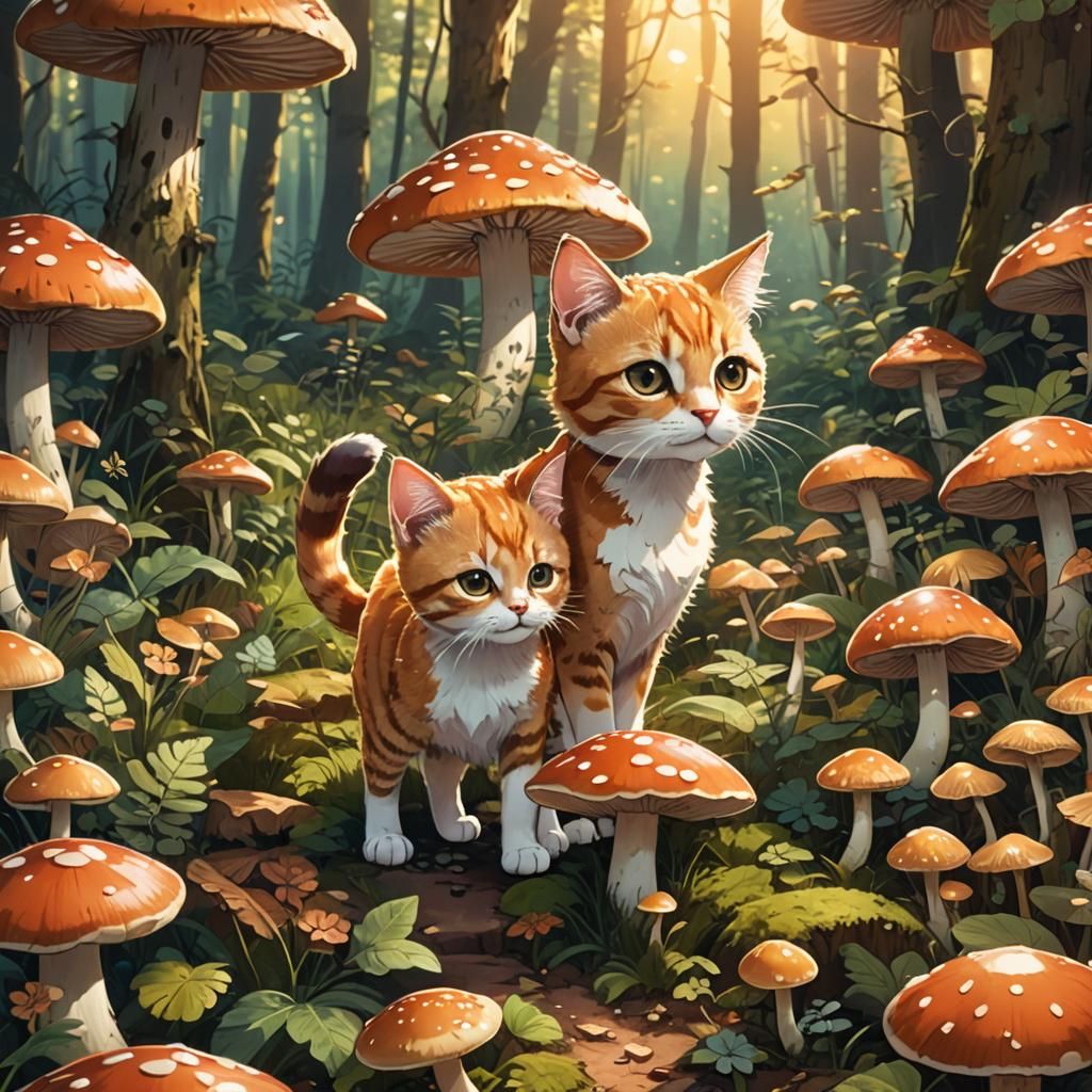 Cute Cat in Mushroom Forest, Anime Cel-Shaded Style