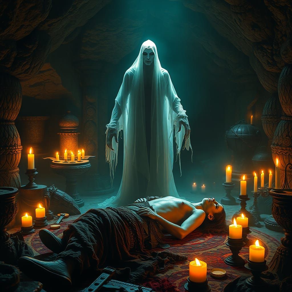 Ethereal Ghost in Mystical Tomb, Dark Fantasy Art