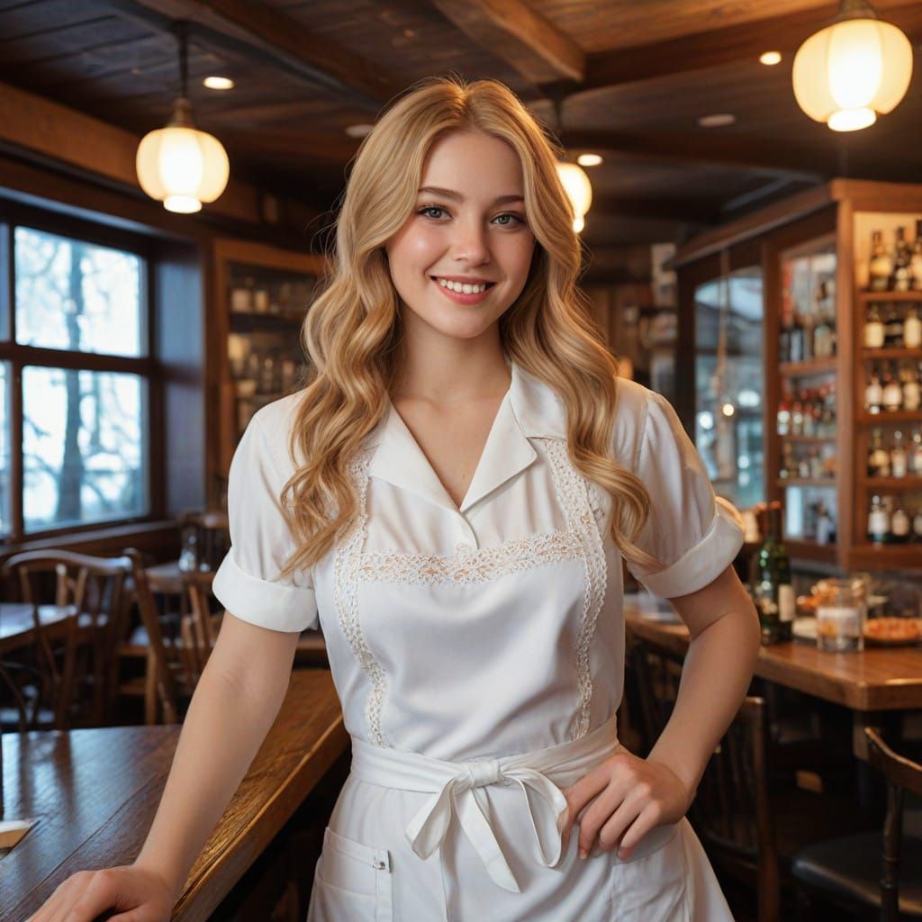 Charming Blonde Waitress in Warm Tavern Setting