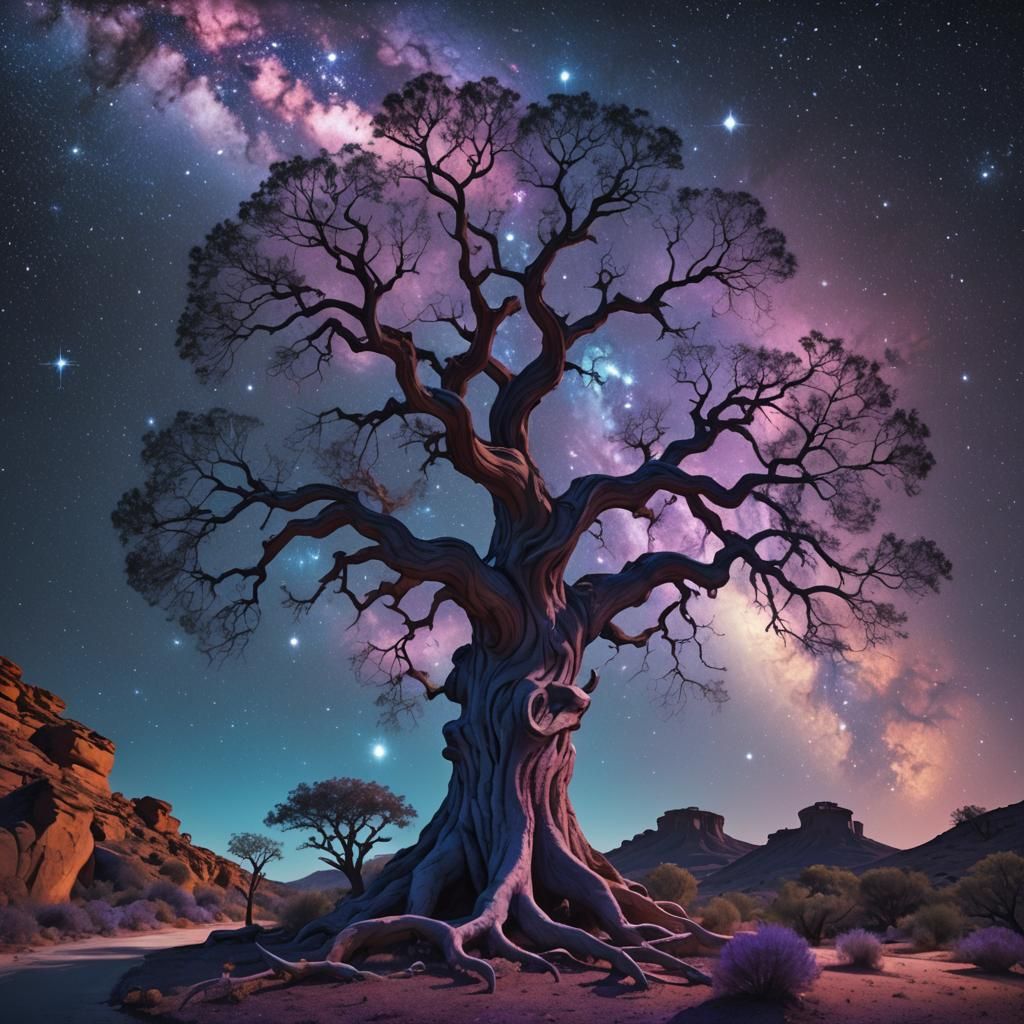 Majestic Tree Under Starry Sky in Surreal Style