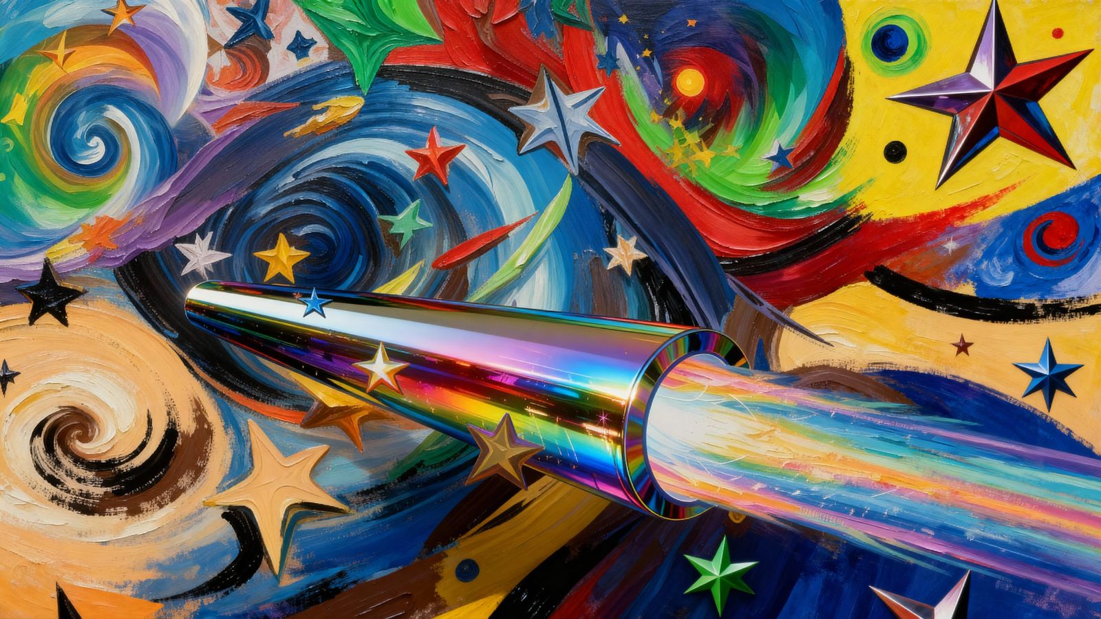 Sleek Rainbow Cylinder with Fiery Vortex Exhaust in Impasto ...