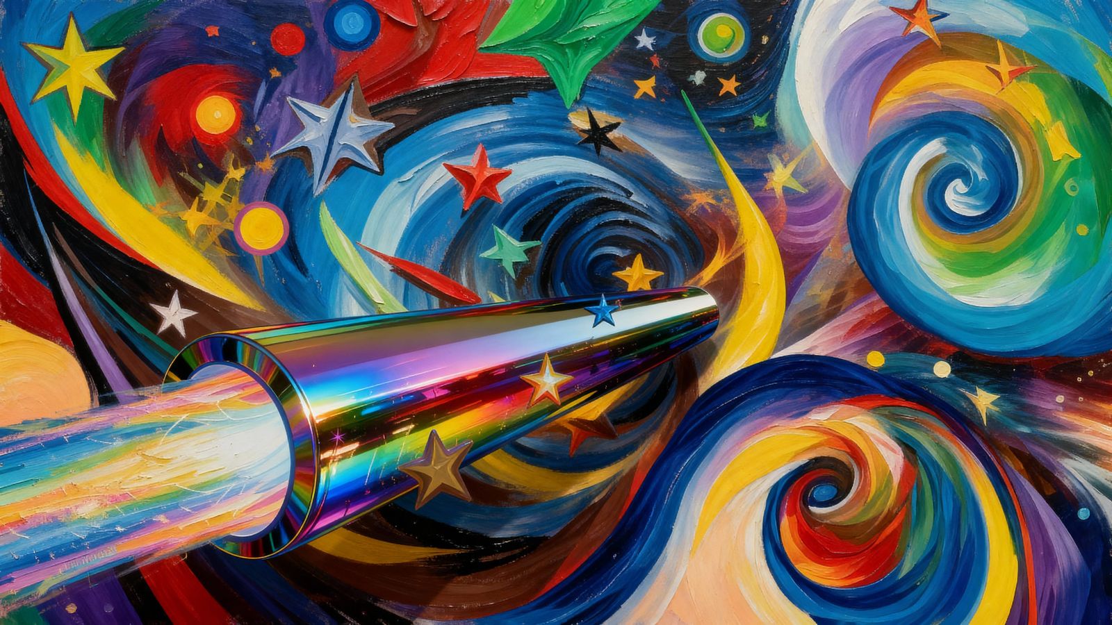 Sleek Rainbow Cylinder with Impasto Oil Paint Vortex