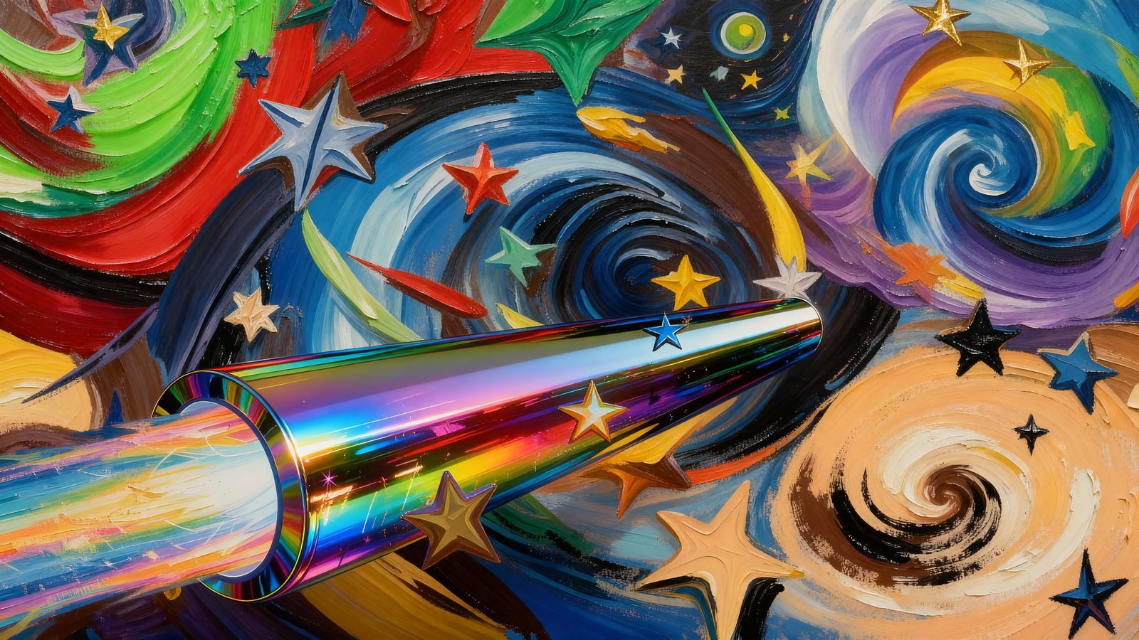 Sleek Rainbow Cylinder with Impasto Vortex in Miro Style