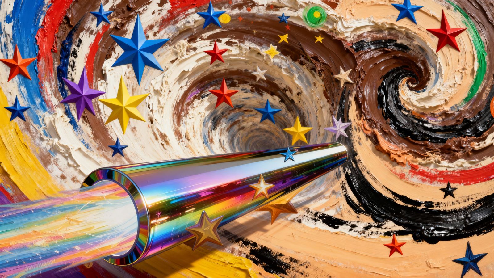 Sleek Rainbow Cylinder with Impasto Oil Paint Vortex