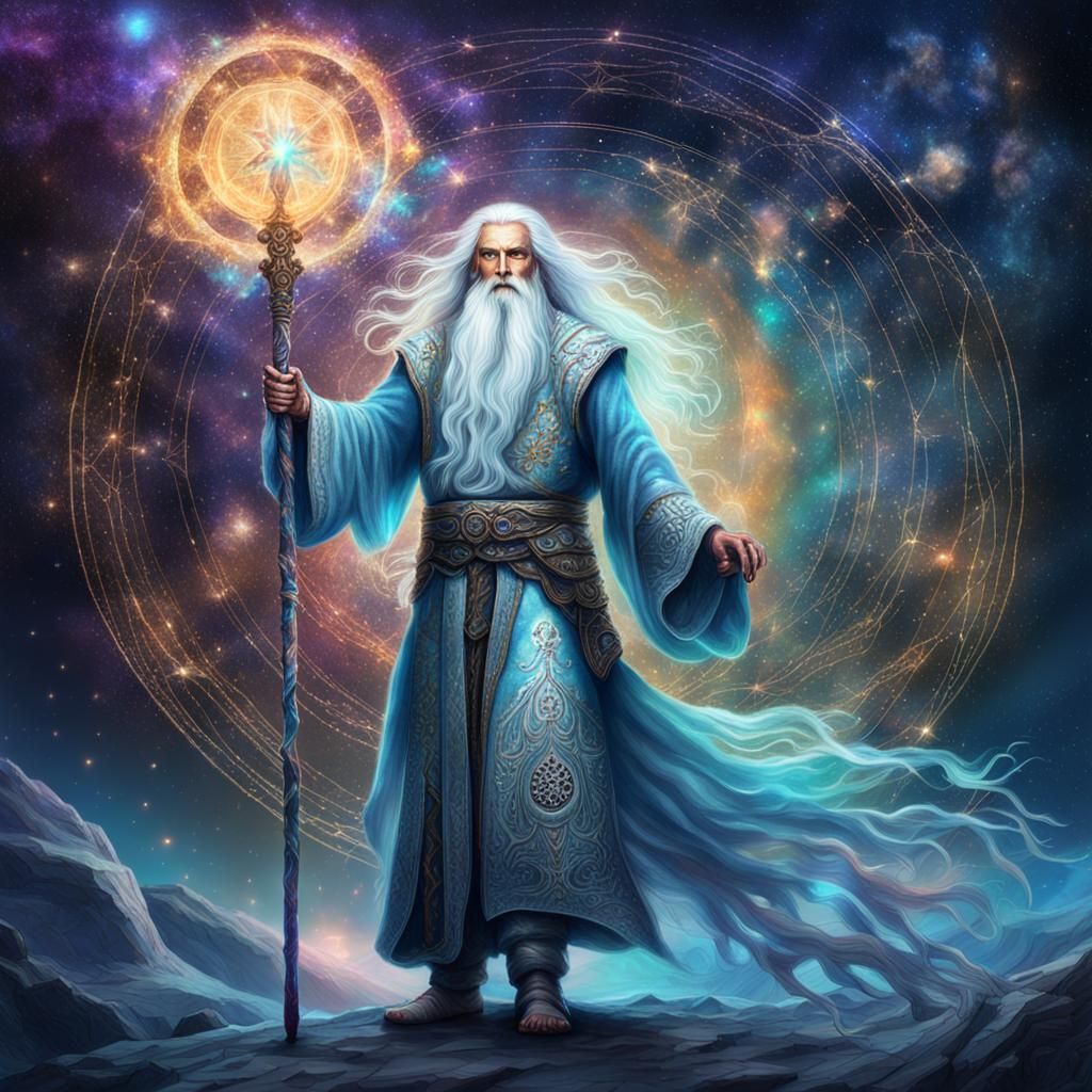 Wizard with Staff in Astral Cosmic Illustration