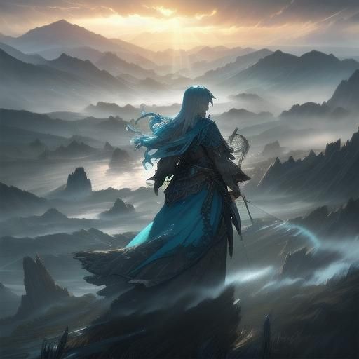 Elven Archer on Stormy Lake, Fantasy Art