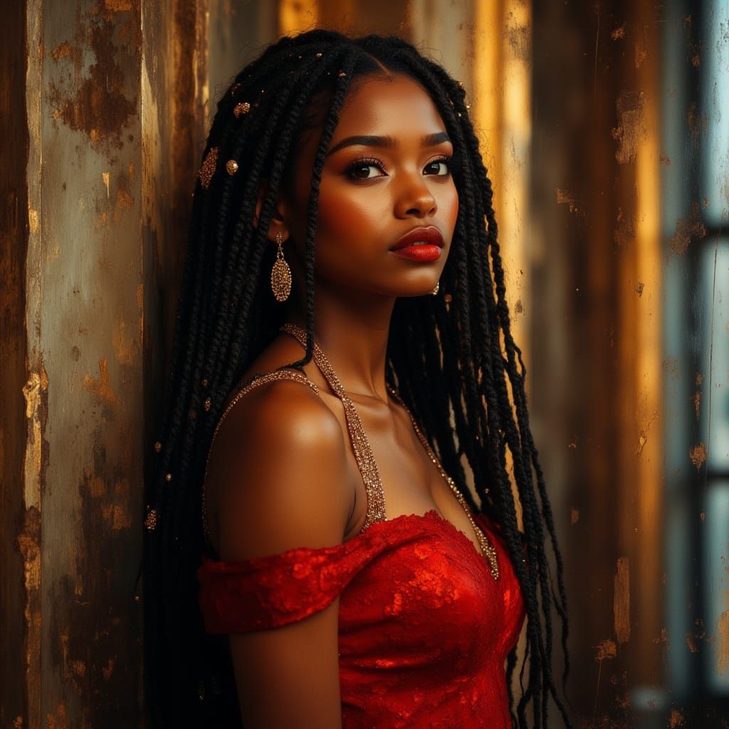 Elegant African Goddess in Red Dress, Divine Oil Painting