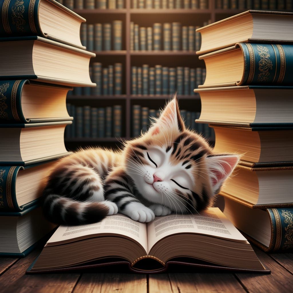 fluffy tabby kitten sleeping peacefully in an open book in a...