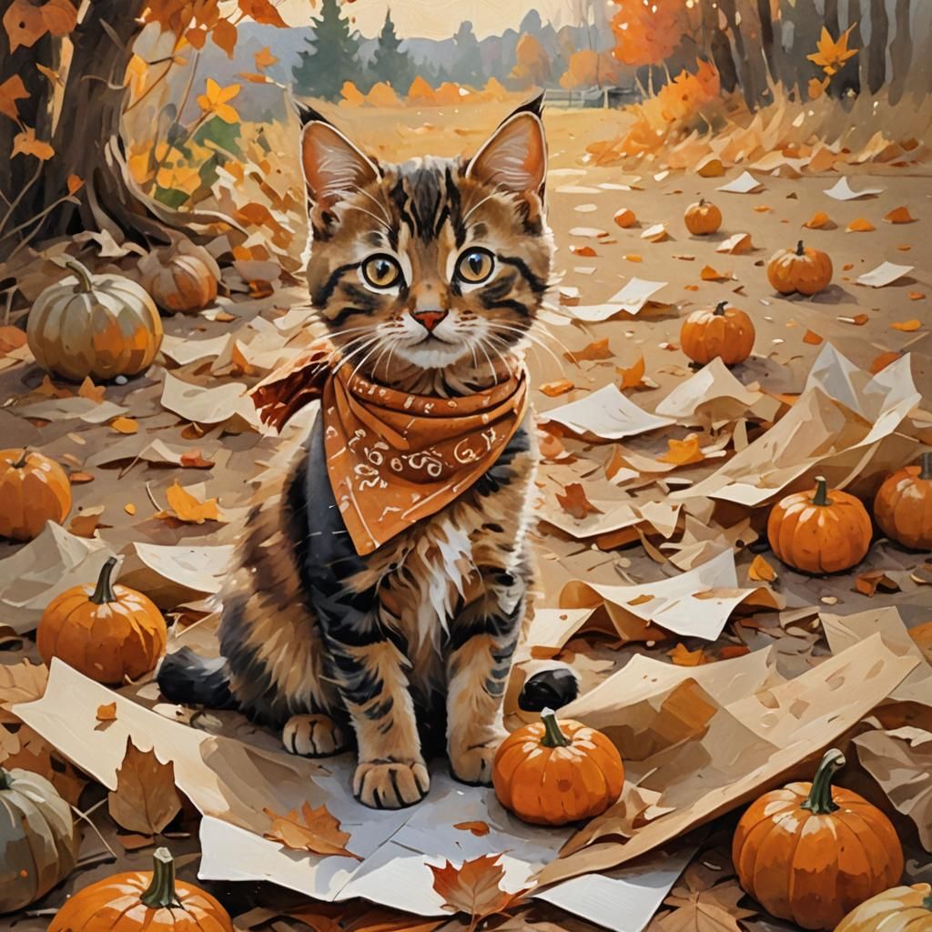 Kitten's Autumn Playtime: An Impressionist Oil Painting