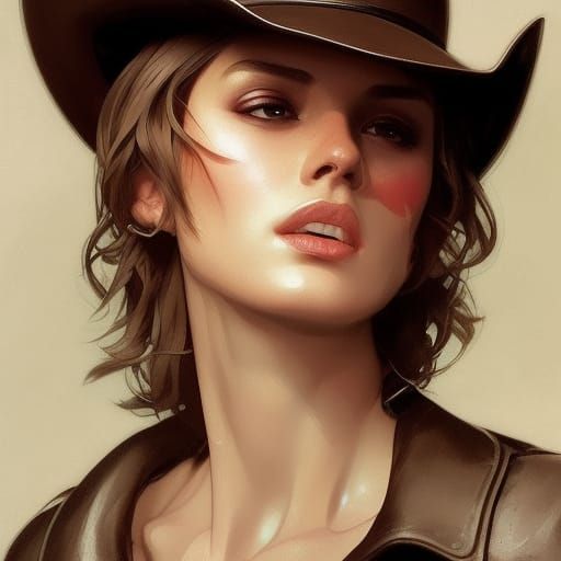 Portrait of Woman with Cowboy Hat, Detailed Art