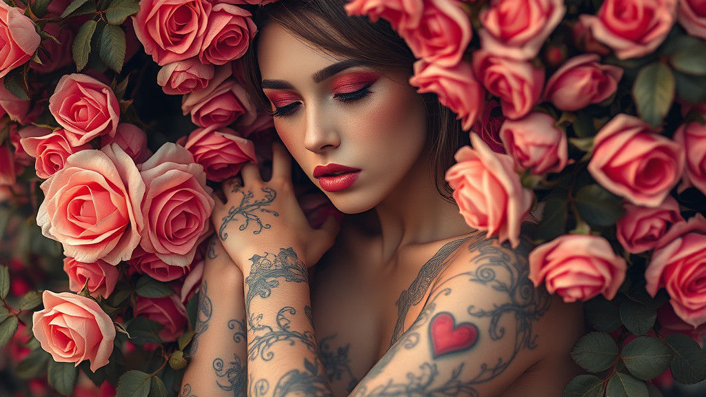 Rose Tattoo Woman with Fairy in Dreamy Sepia Tones