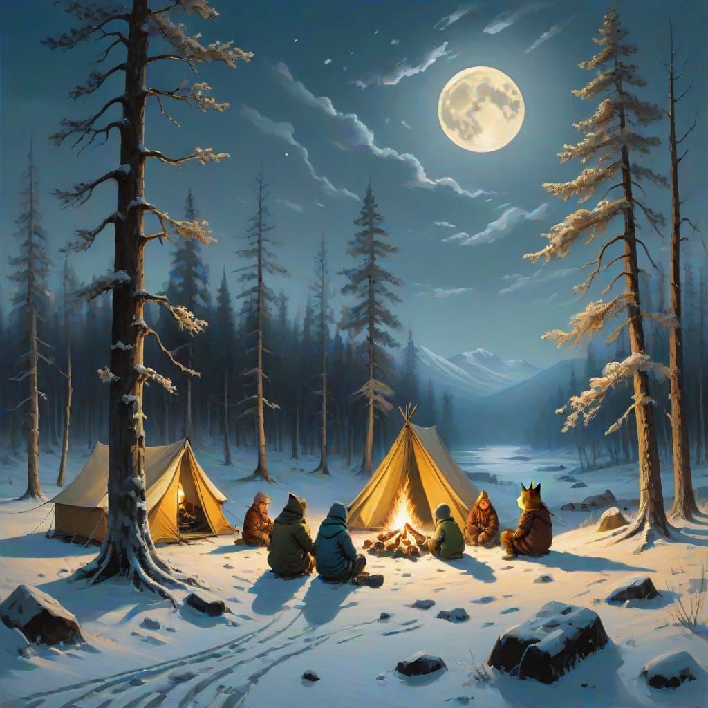 Winter Campers Gather by a Crackling Campfire Under a Frosty...