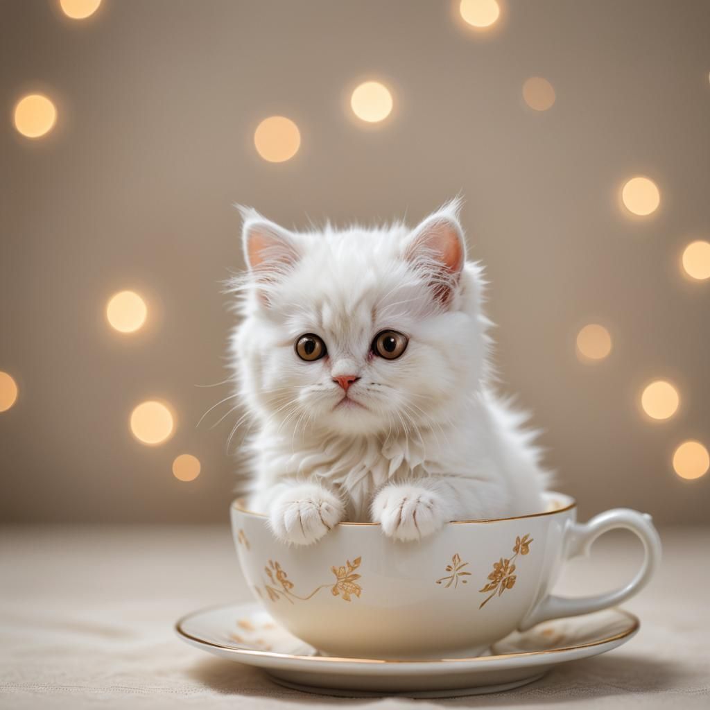 Tiny White Cat in Teacup Macro Photography