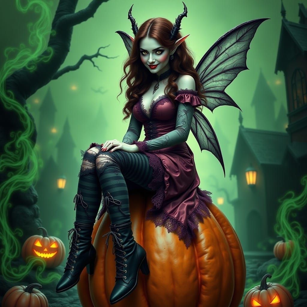 Victorian Vampire Fairy on Pumpkin Throne