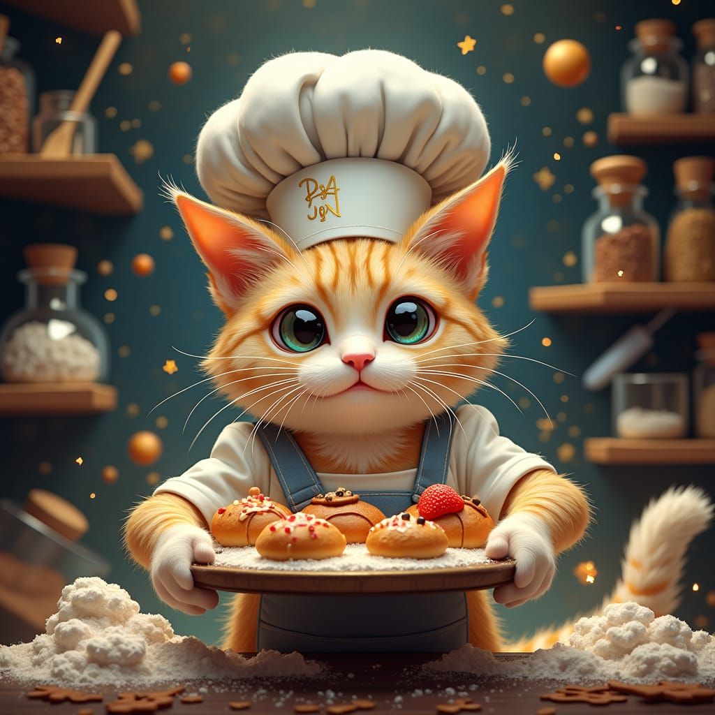 Majestic Cat Chef with Pastries in Fantasy Style