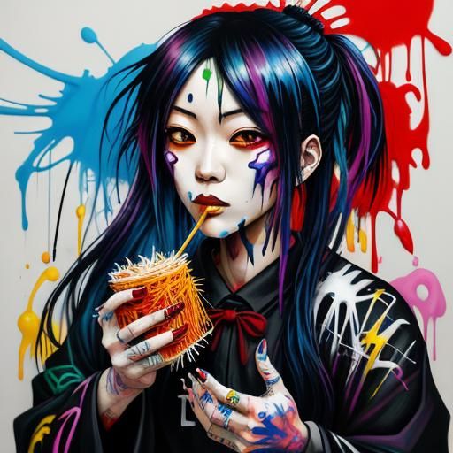 Gothic Girl Eating Spaghetti: Graffiti Splash Art
