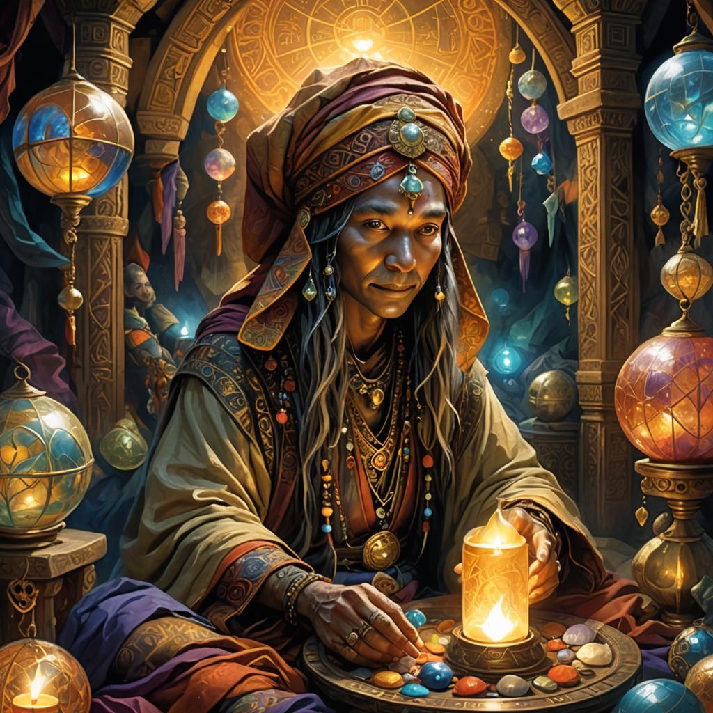 Happy Fortune Teller in Mystical Temple: Fantasy Art
