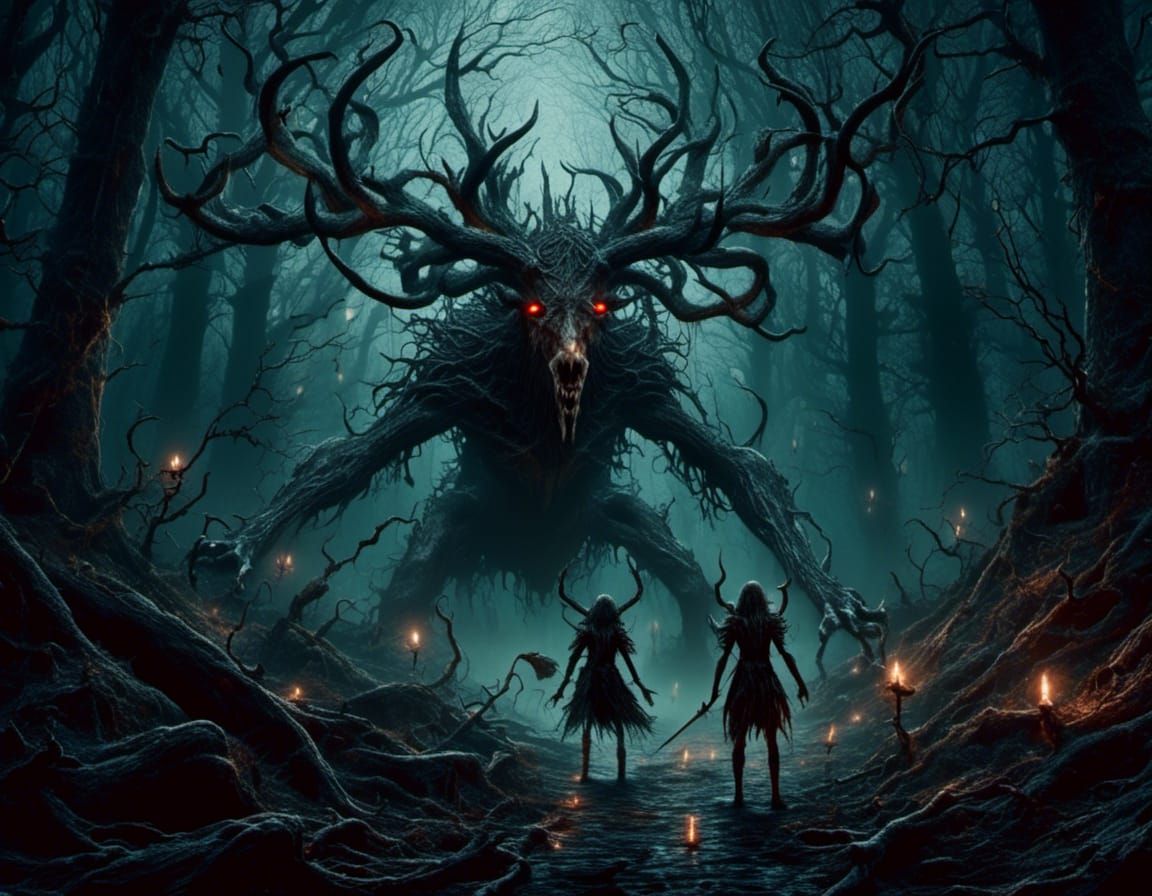 Eerie Wendigo Hunts Medusa in Dark Forest