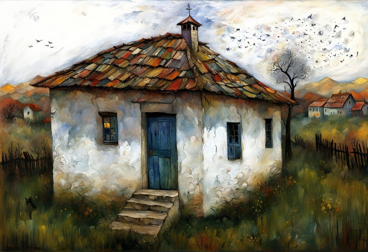 Autumn Village Under Full Moon in Encaustic Impasto Style