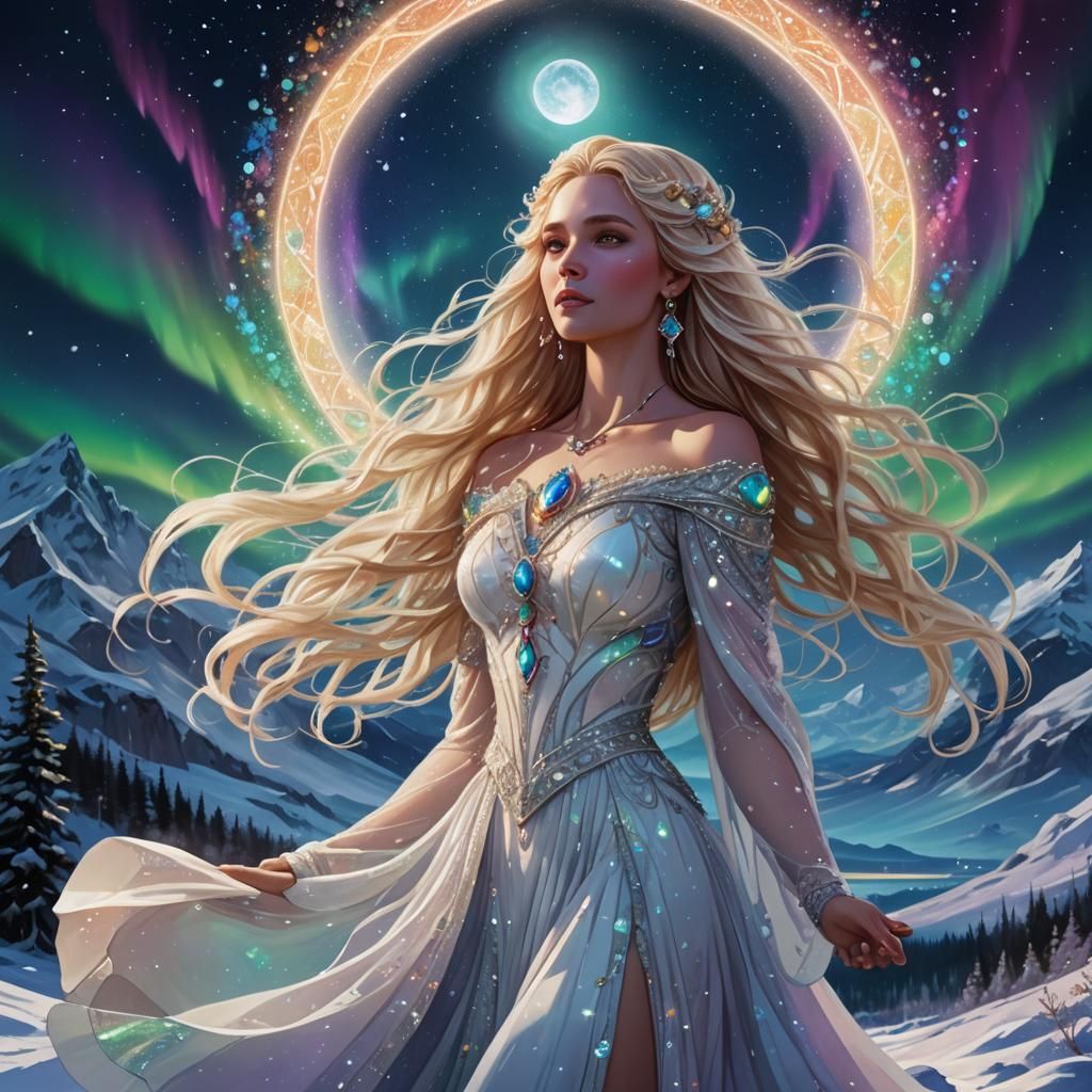 Goddess in Snowy Landscape Under Aurora Borealis