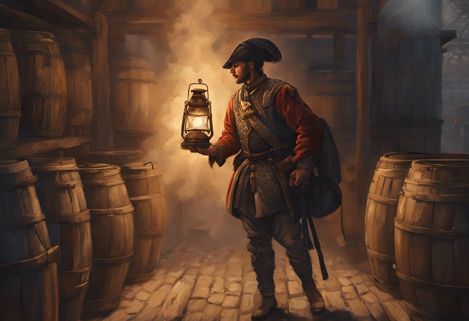 Soldier with Lantern in Gunpowder Warehouse: Hyperrealistic ...
