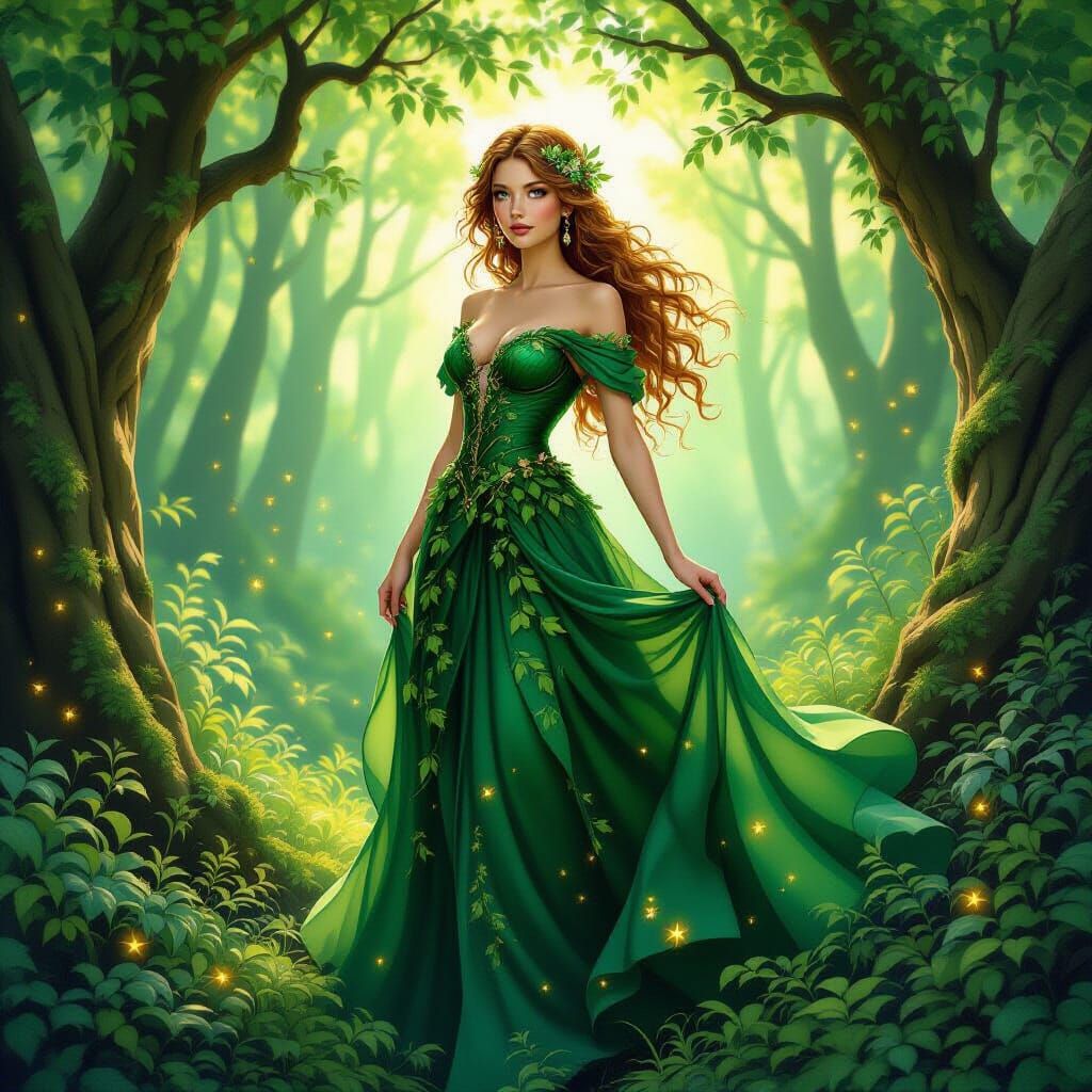 Forest Nymph in Emerald Green Gown