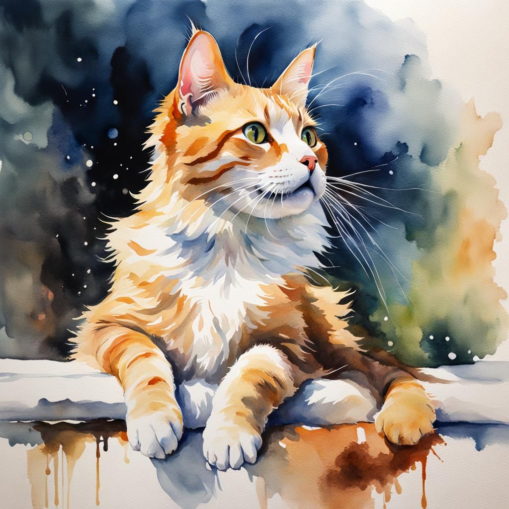 Playful Cat in Watercolor Painting Style