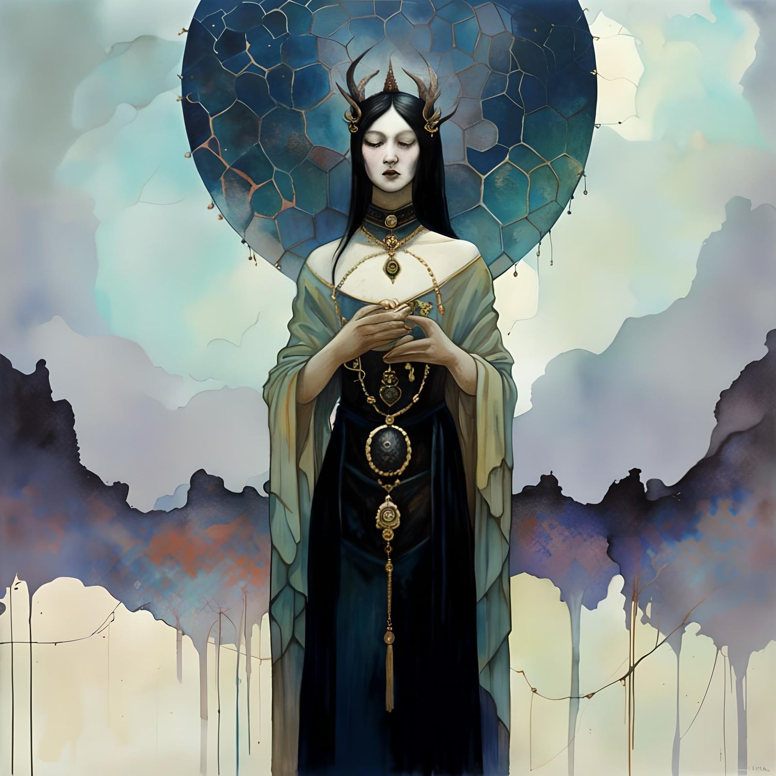 Gothic Romanticism: A Serene Glitchcore Watercolor