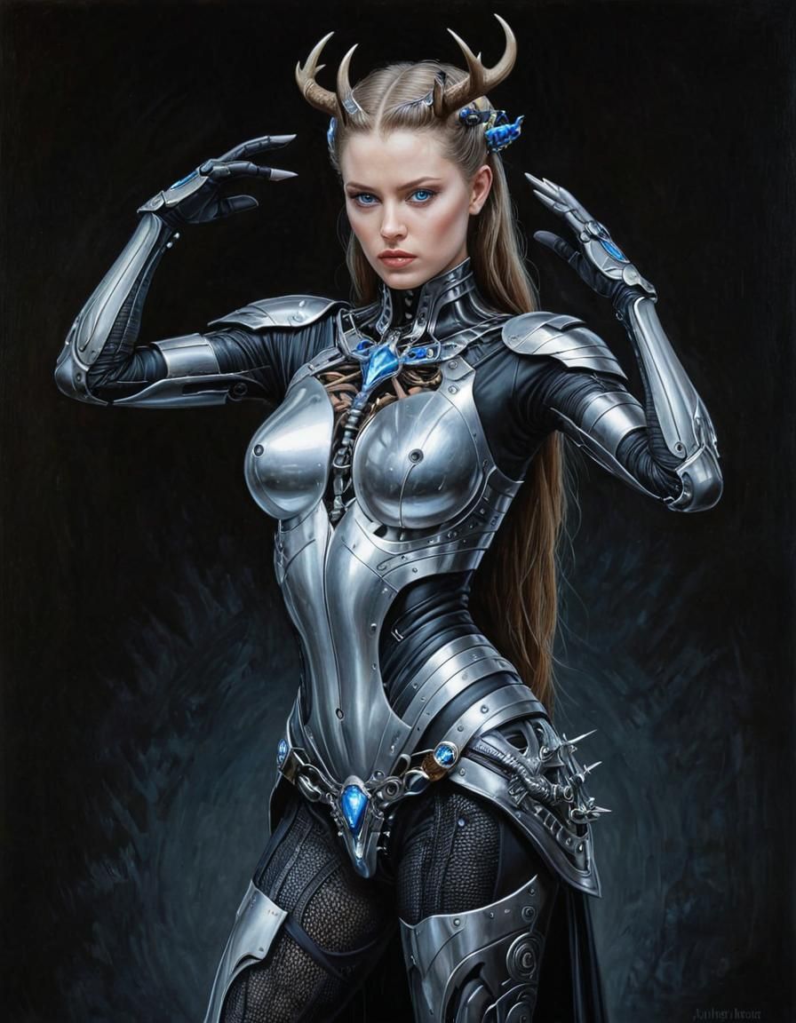 Woman Warrior Portrait with Antlers in Surreal Style