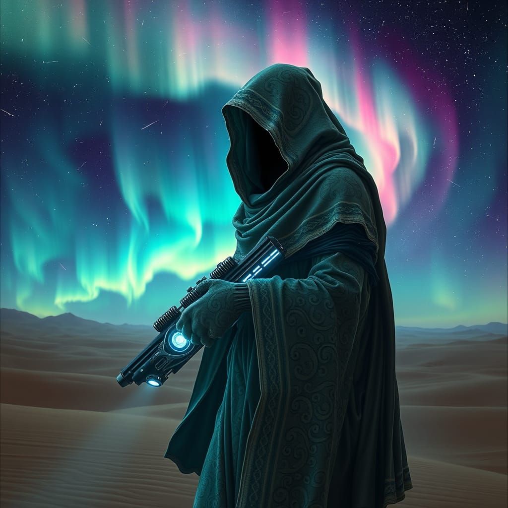 Mystical Alien Nomad in Cosmic Desert Landscape