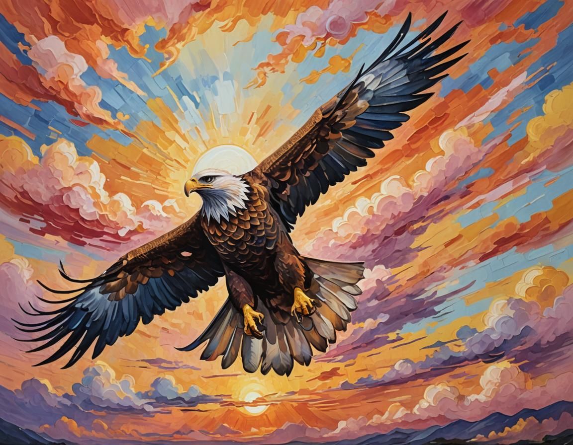 Soaring Eagle at Sunrise: Impressionist Oil Painting