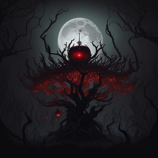 Dark Fantasy Golden Apple Bleeds Black in Moonlit Shadows