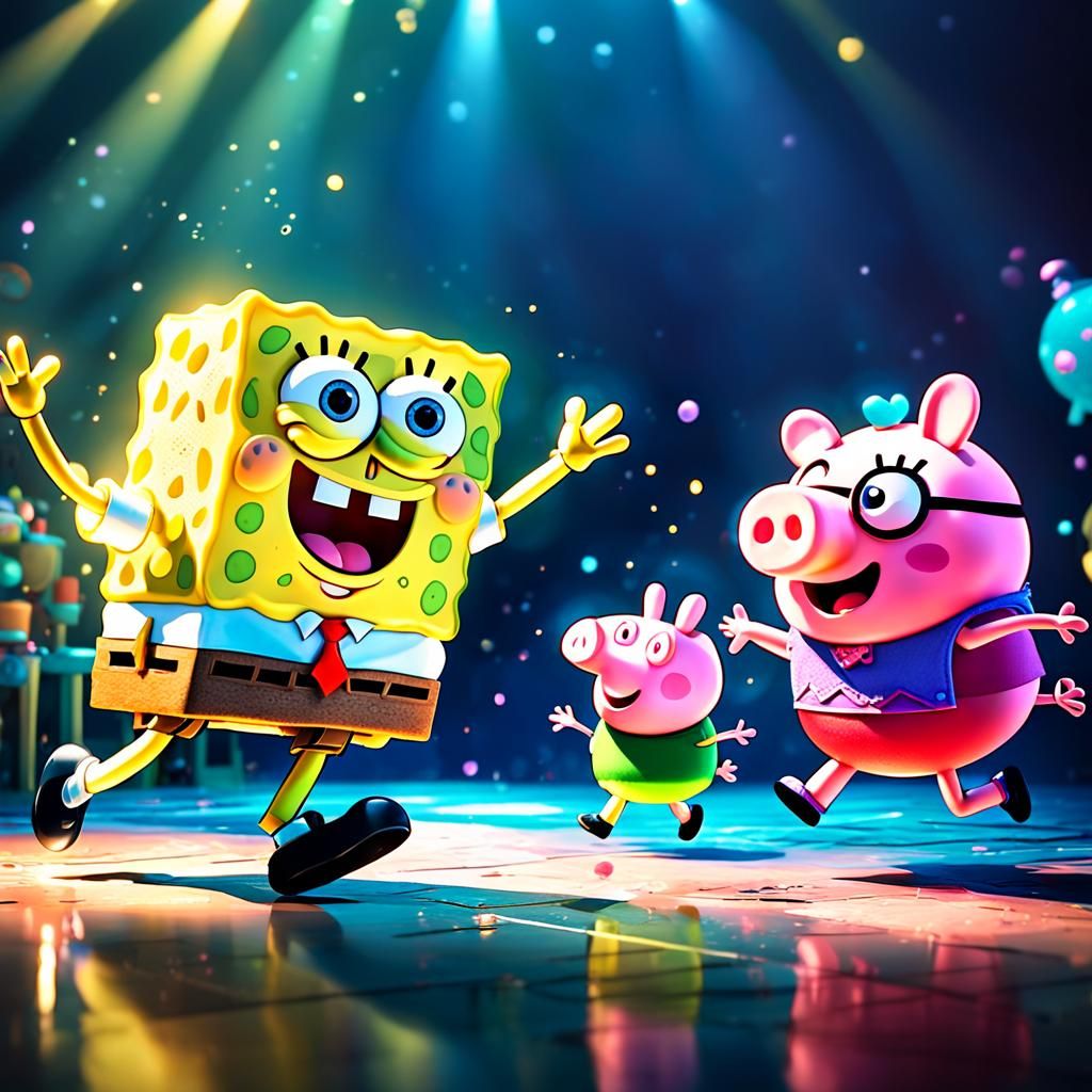 spongebob is with peppa pig in the party
