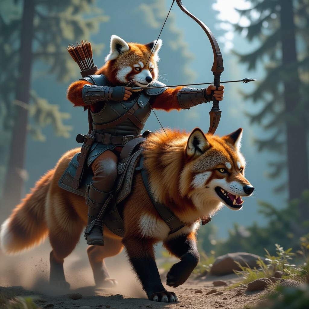 Red Panda Ranger on Dire Wolf Mount in Cinematic Battle